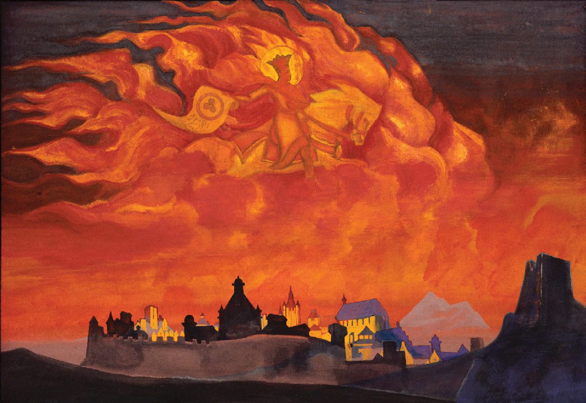 Nicholas Roerich, şehrin üzerinde ateşten bulutlar içinde bir figür